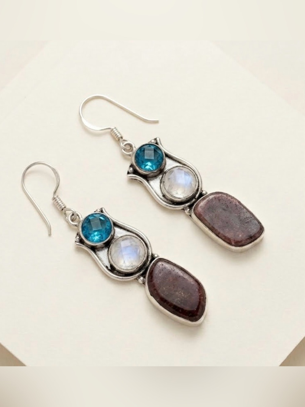 Handmade 925 Sterling Silver Three Stone Drop Earrings Blue Topaz Purple Quartz